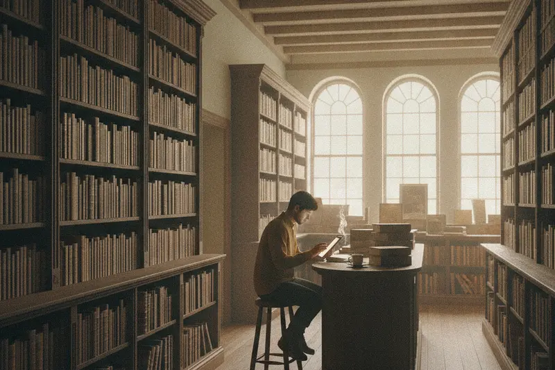 Inside an independent bookshop with tall wooden shelves