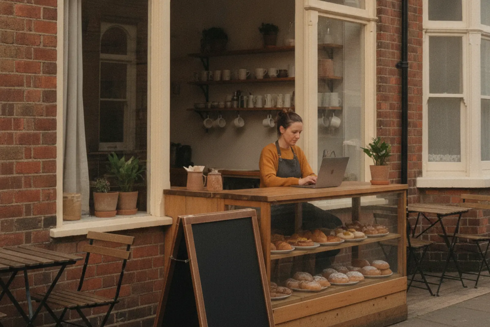 A café owner using a laptop at the counter of a small independent café
