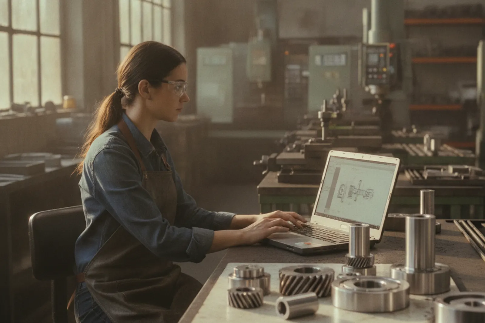 An engineer at a workstation with a laptop beside machined metal parts in a workshop