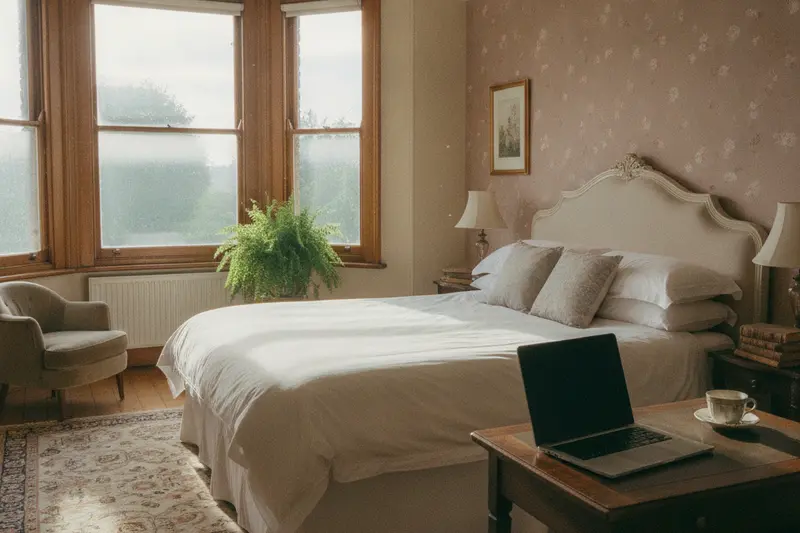 A bright guest house bedroom with sash windows and a small desk