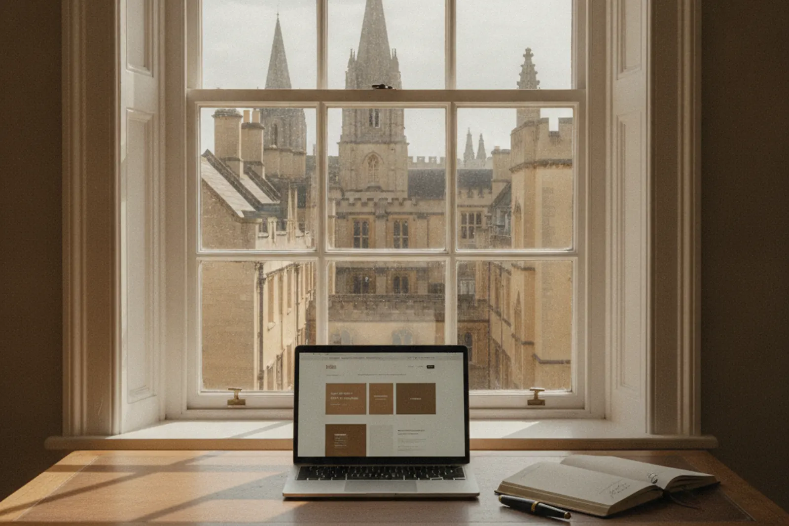 An oak desk by a sash window overlooking stone rooftops and spires, with a laptop, notebook and fountain pen