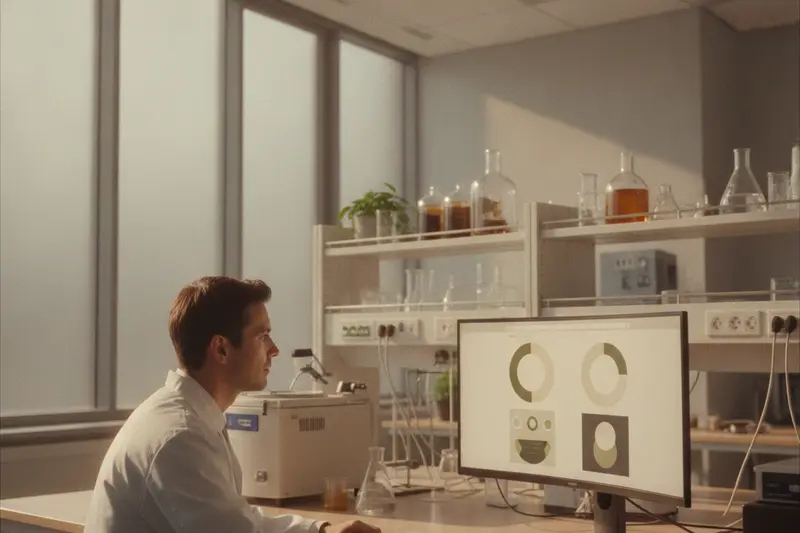 A scientist reviewing a website on a monitor in a laboratory