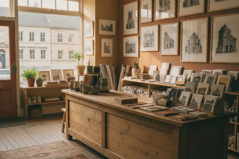 A small print and gift shop with framed architectural prints on the walls