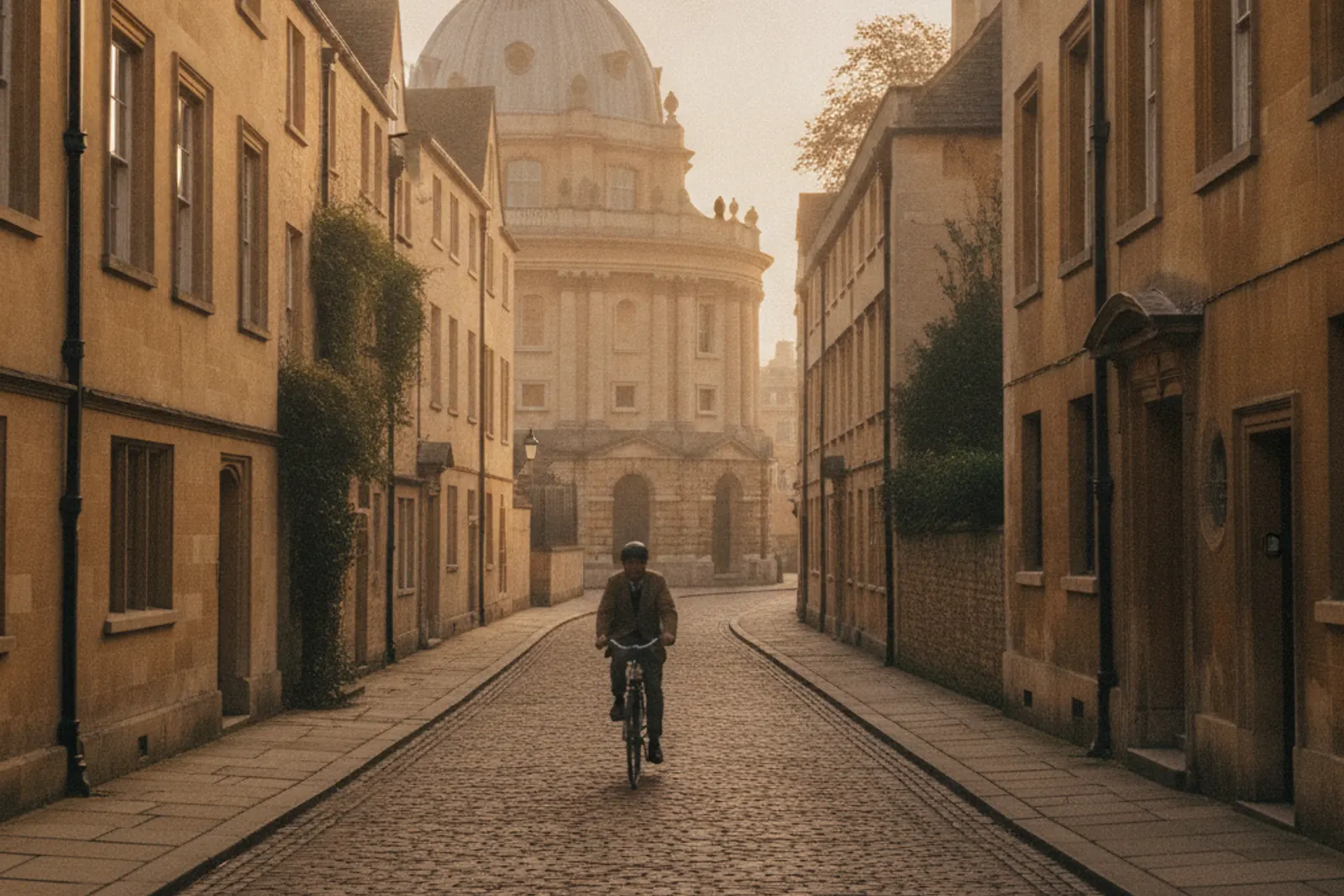 A cobbled lane of golden stone buildings in central Oxford in early morning light
