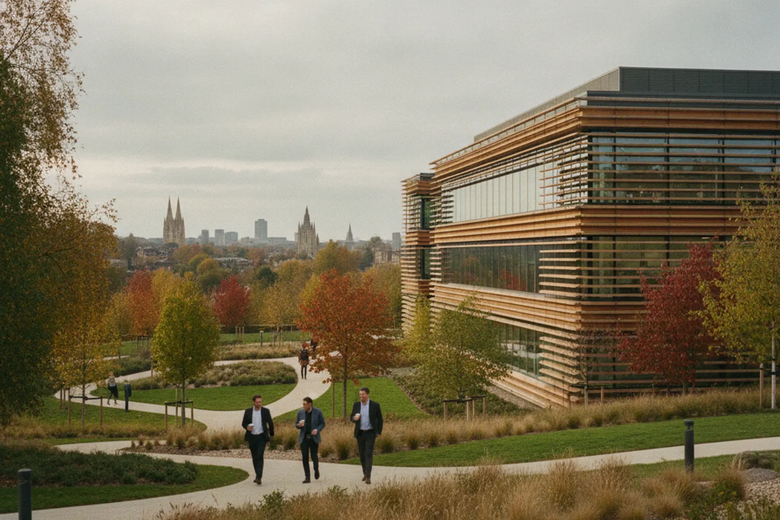 A modern glass and timber office building on a landscaped science park with people walking past