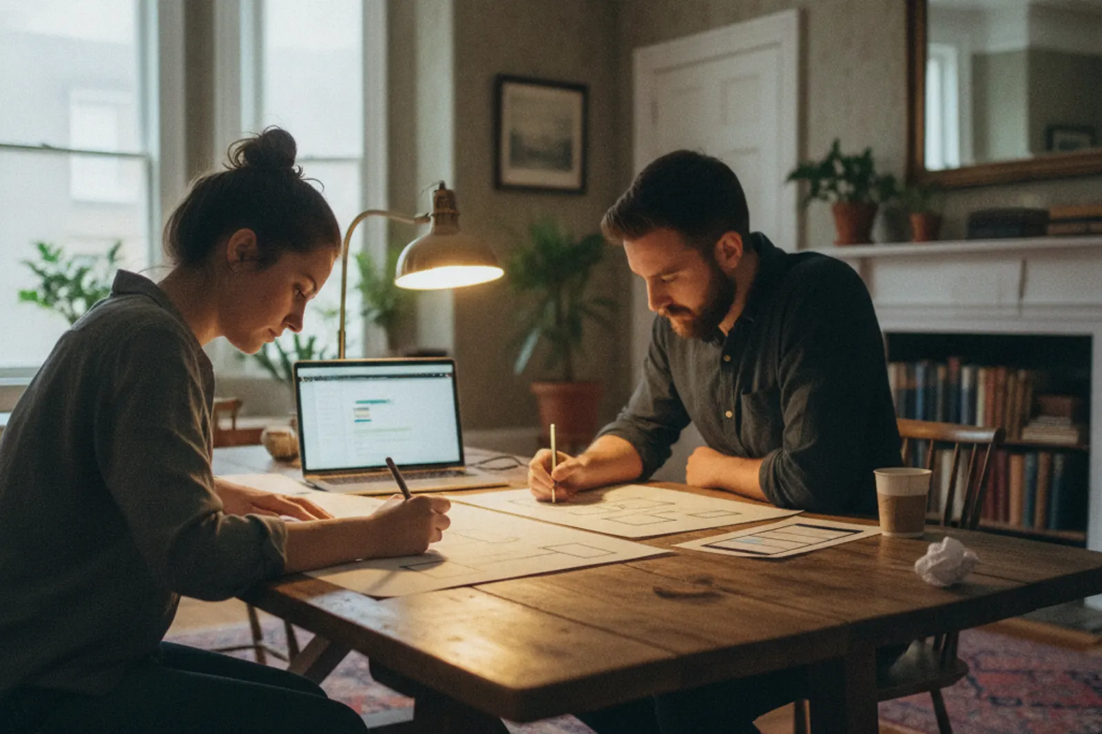 Two designers sketching wireframes at a wooden table with a laptop and lamp