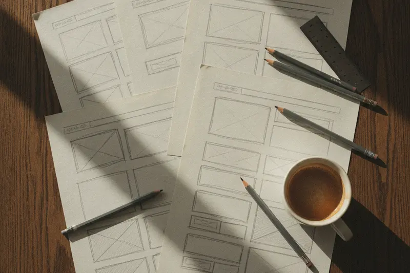 Hand-drawn website wireframes on cream paper with pencils and a ruler
