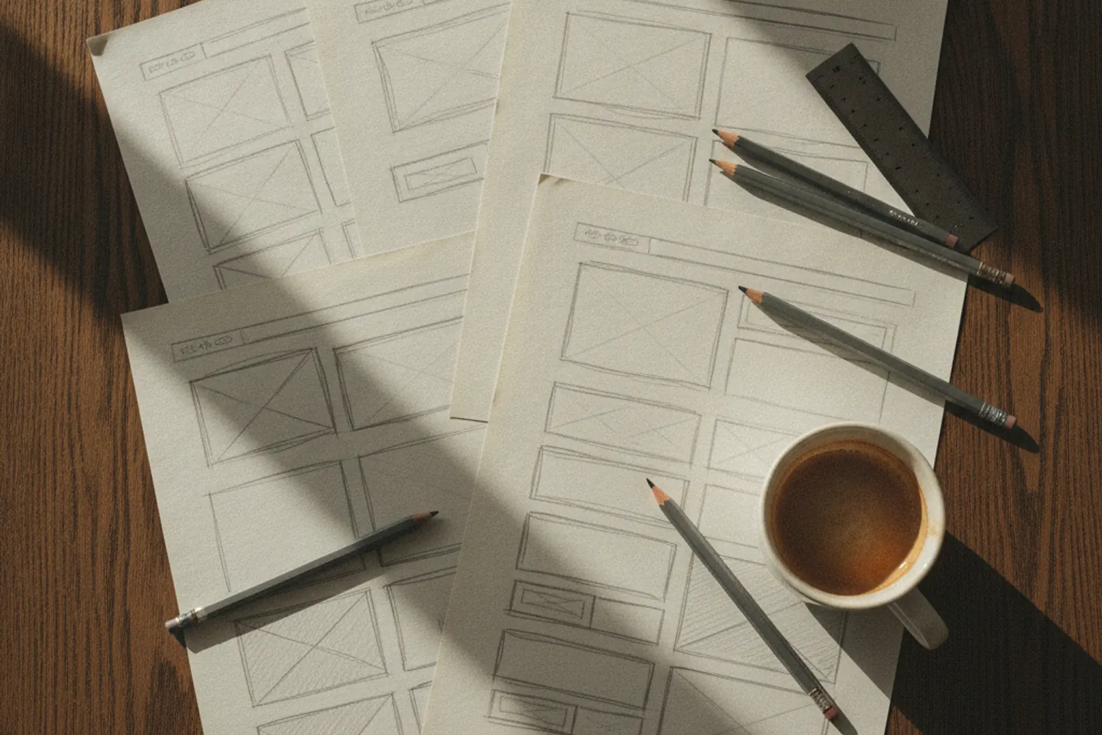 Hand-drawn website wireframes on cream paper with pencils and a ruler